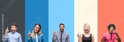 Collage of group of young people over colorful vintage isolated background pointing finger up with successful idea. Exited and happy. Number one.