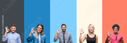 Collage of group of young people over colorful vintage isolated background smiling positive doing ok sign with hand and fingers. Successful expression. photo