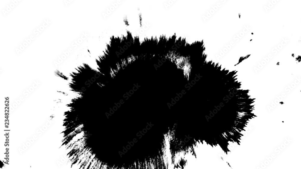 Clean black matte ink spot splatter mask isolated on white background. Big spote, spreading from the center. Can be used in projects like logo reviles, masks, mattes, blending mode, etc. Clean black matte ink spot splatter mask isolated on white background. Big spote, spreading from the center. Can be used in projects like logo reviles, masks, mattes, blending mode, etc.