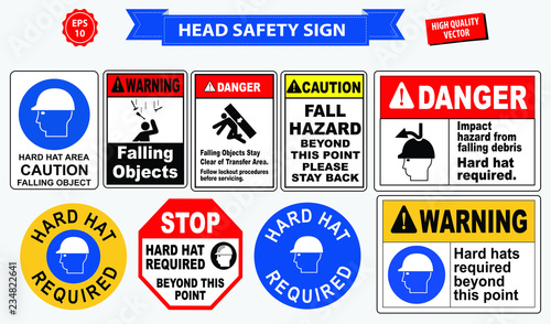 set of safety head sign. (hard hat required, warning falling object, watch for falling material,   workers above watch for falling material, wear head protection). easy to modify