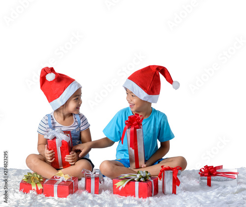 portrait of happy little asian boy and girl with Many gift boxes isolated on white background