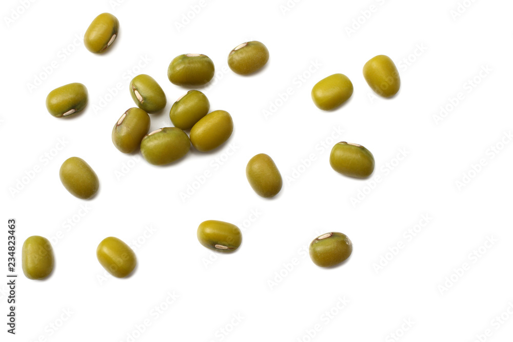 mung beans isolated on white background. top view