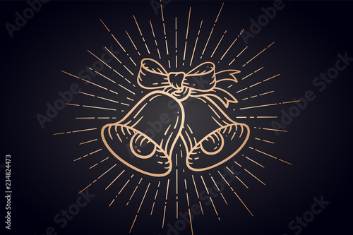 Christmas bells. Golden sign jingle bells with light rays