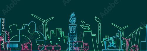 Concept of industrial plant and manufacture building. Energy and Power icons set. Energy generation and heavy industry. Modern brochure, report or cover design template. Thin lines style