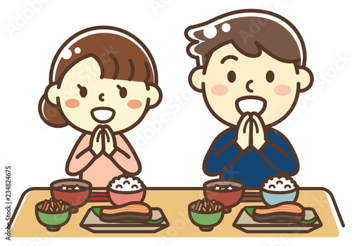 朝食（和）を食べる夫婦　いただきます