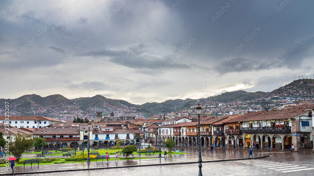 Cusco Plaza de Armas in a rainy day