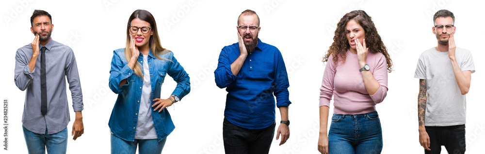 Collage of group of young casual people over isolated background touching mouth with hand with painful expression because of toothache or dental illness on teeth. Dentist concept. Collage of group of young casual people over isolated background touching mouth with hand with painful expression because of toothache or dental illness on teeth. Dentist concept.