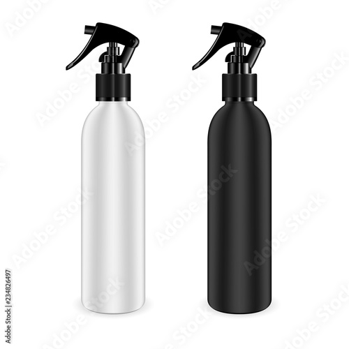 Spray bottles set for cosmetic and other products. Isolated black and white blank containers mockup with black dispenser head. Realistic vector template.