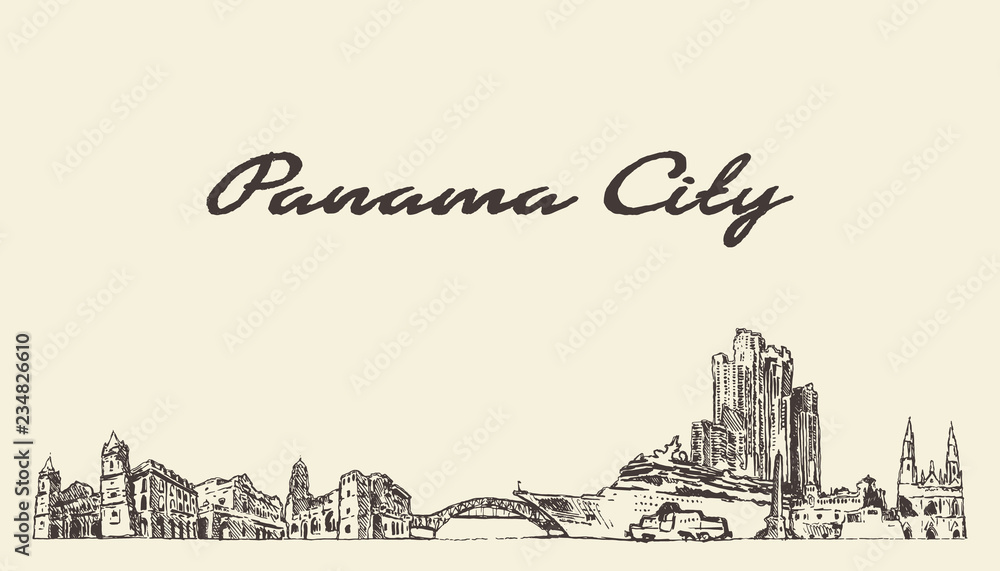 Panama big city skyline Panama vintage hand drawn