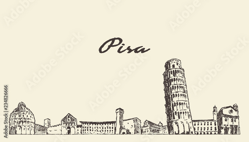 Pisa skyline Italy vintage illustration hand drawn