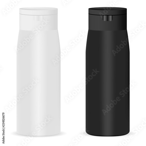 Cosmetic bottles mockup in black and white color with black lid. Premium plastic package for cream, shampoo, shower gel isolated on white background. HQ 3d vector illustration.