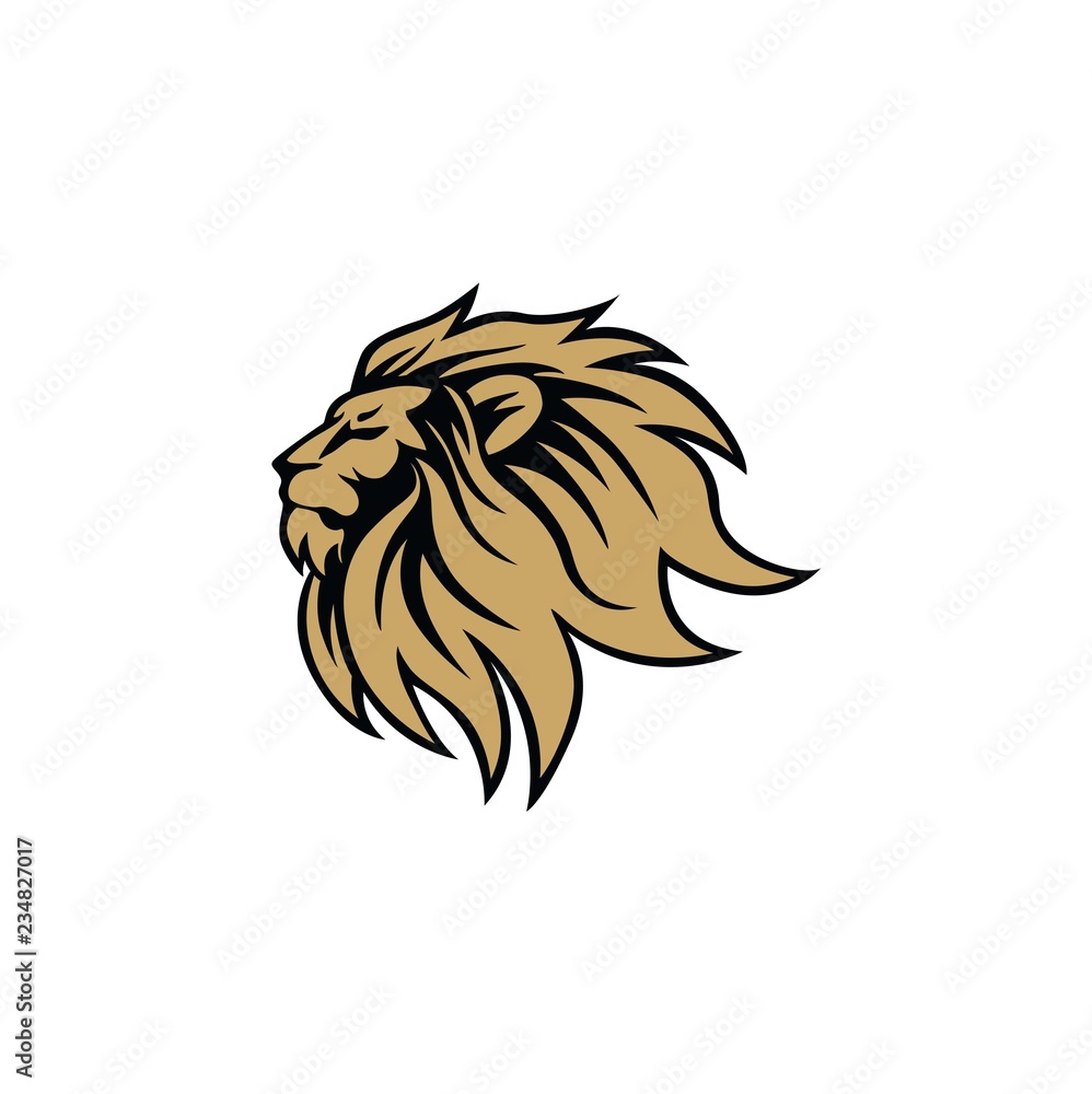 Gold Angry Lion Head Logo, Sign, Flat Design Vector Illustration