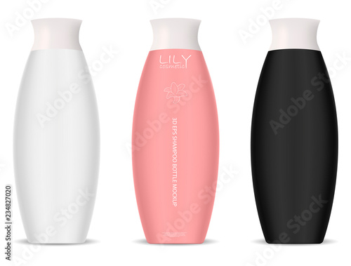 Trendy shape shampoo bottles mockup set. Cosmetic packaging design for hair or skin care products in black, white and rose color. 3d realistic vector illustration.