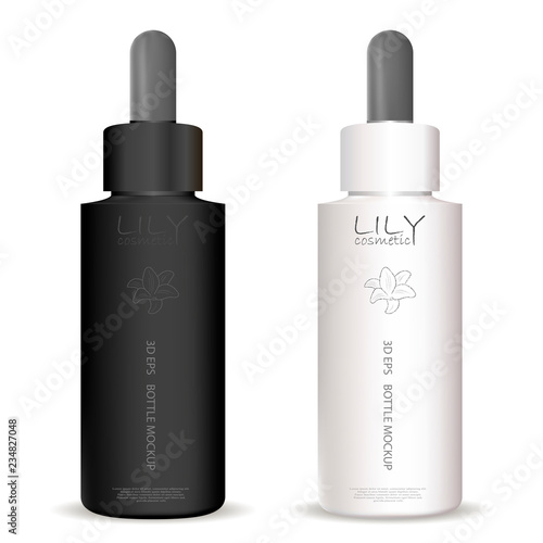 Dropper bottles black and white set for different cosmetic or medical products. 3d vector containers with sample logo and label.