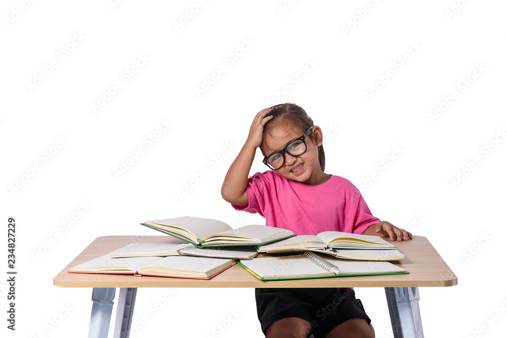 little girl with glasses thought and many book on the table. back to school concept, isolated on white background little girl with glasses thought and many book on the table. back to school concept, isolated on white background