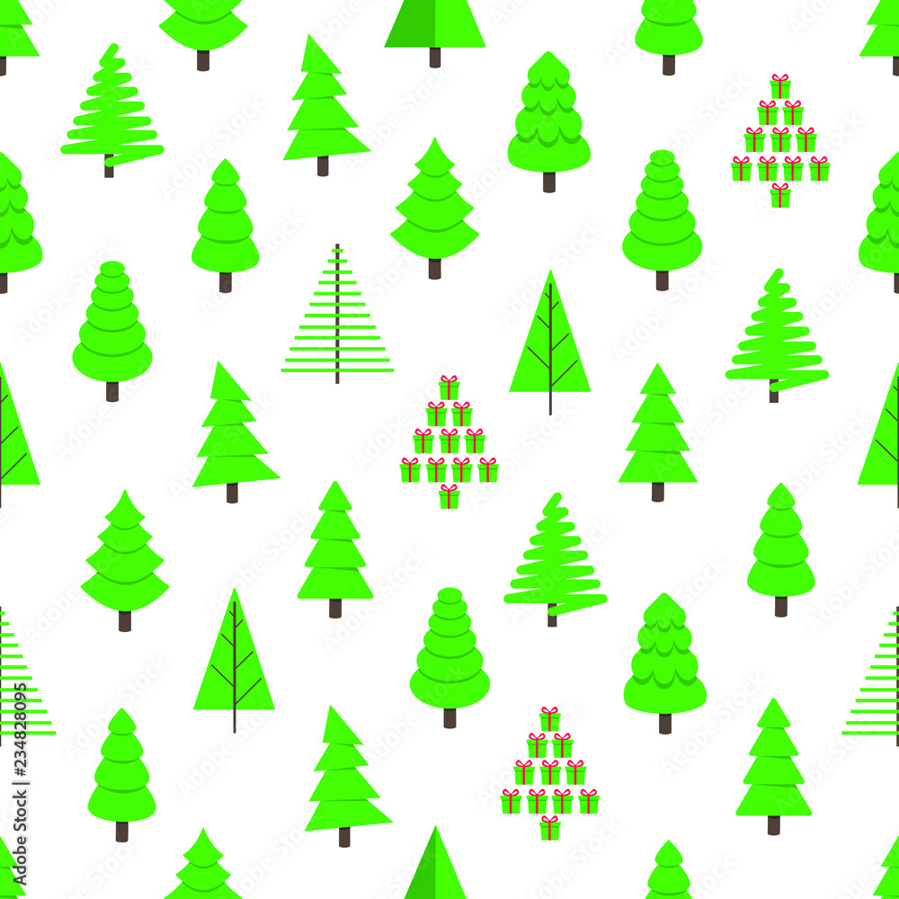 Seamless christmas tree green fir flat style design pattern vector illustration. Symbol of family xmas holiday celebration isolated on white background.  Simple shape holyday wrap, fabric or texture.