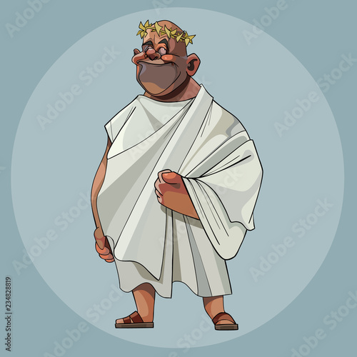 cartoon smiling man in a white mantle and a laurel wreath on his head