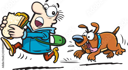 man run away from angry dog