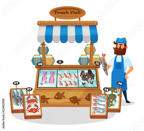 Male character, seller behind fish counter, with seafood in ice.