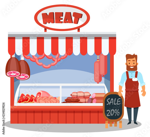 Male character, seller behind meat counter, with meat delicacies.