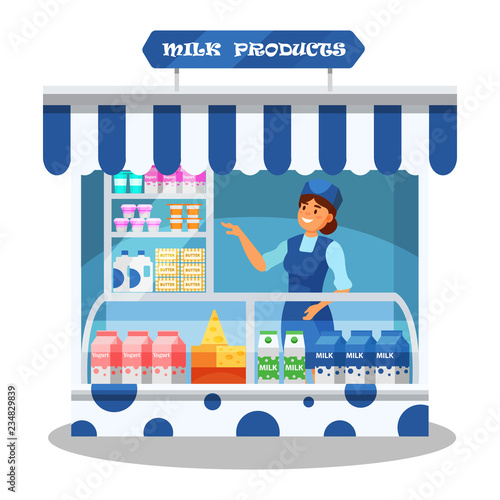 Woman character, seller behind counter with various fresh dairy products.