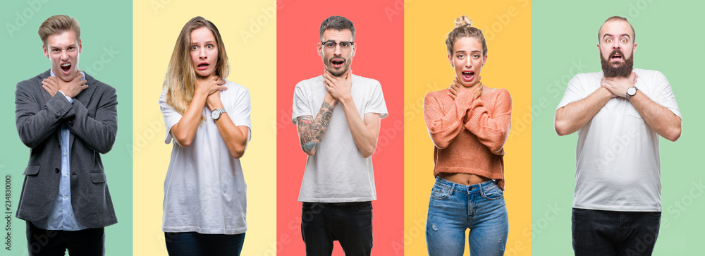 Collage of group people, women and men over colorful isolated background shouting and suffocate because painful strangle. Health problem. Asphyxiate and suicide concept.