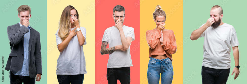 Collage of group people, women and men over colorful isolated background smelling something stinky and disgusting, intolerable smell, holding breath with fingers on nose. Bad smells concept.