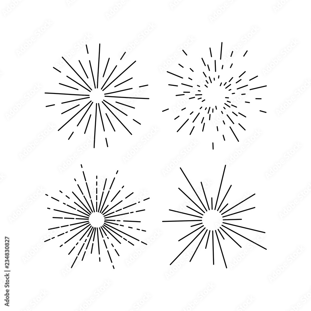 Obraz premium Light rays, sunburst and rays of sun. Design elements, linear drawing, vintage hipster style. Light rays sunburst, arrow, ribbon Vector Illustration.