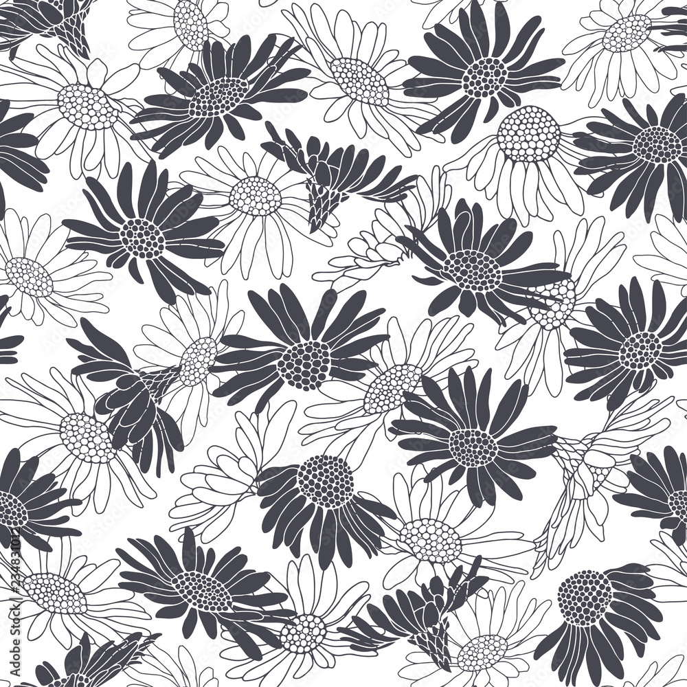 Seamless pattern with daisy flowers. Monochrome vector illustration on a white background. Seamless pattern with daisy flowers. Monochrome vector illustration on a white background.