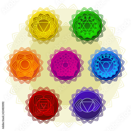 Vector silhouette of a man with a yoga symbols. Yoga vector design. 7 chakra mandalas. Sahasrara, anahata, Muladhara, Svadhisthana, Manipur, Vishudha, Ajna.