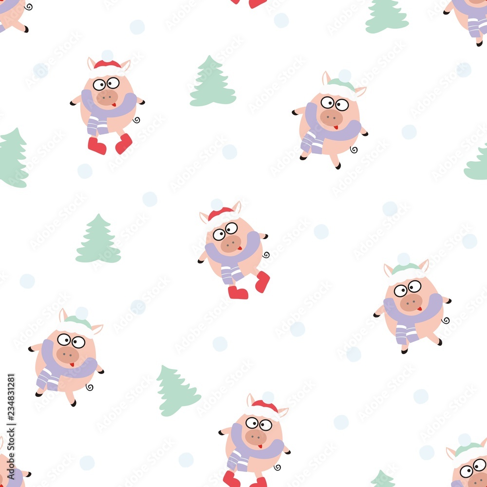 Winter seamless pattern with pigs, Christmas trees and snowfall. Cute pigs in a scarf and hat. Light texture. Flat style. Winter seamless pattern with pigs, Christmas trees and snowfall. Cute pigs in a scarf and hat. Light texture. Flat style.