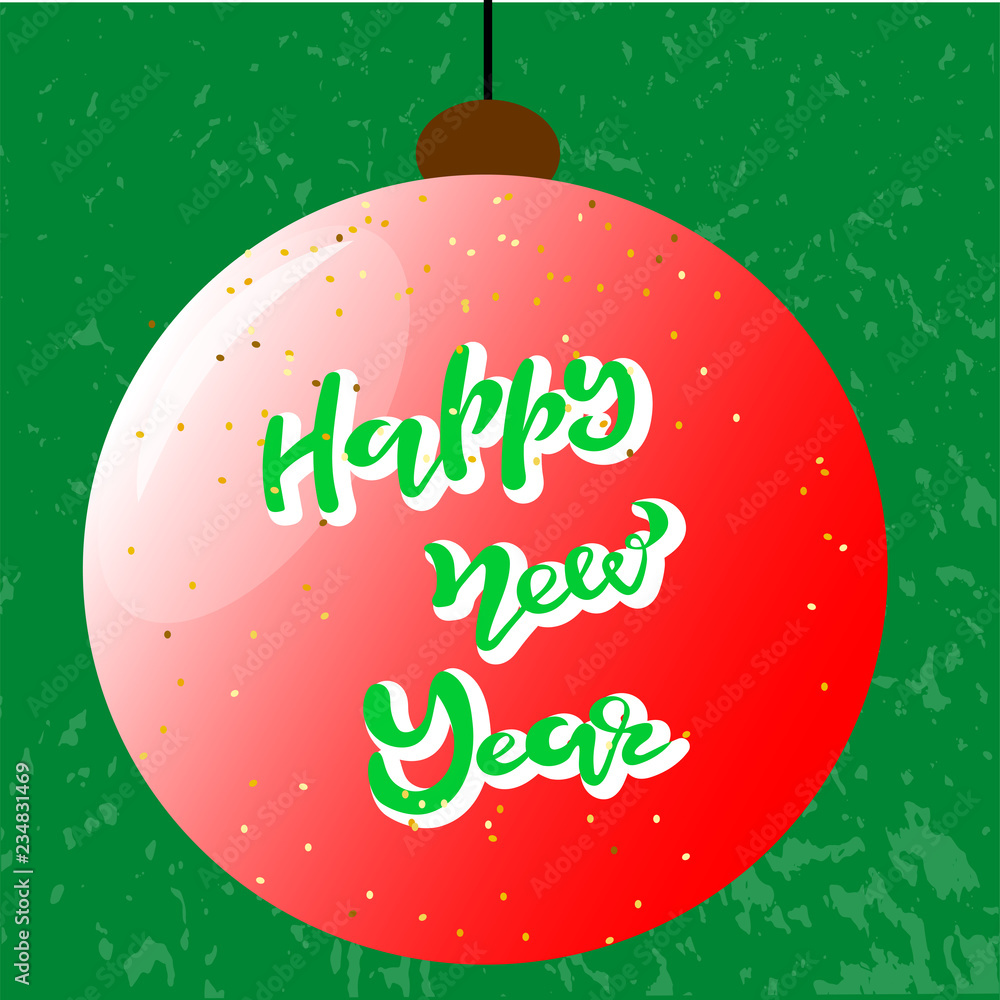 Holiday vector illustration with lettering Happy New 2019 Year - festive inscriptions handwritten with creative calligraphic fonts and decorated. Usable for banners, greeting cards, gifts etc. EPS 10