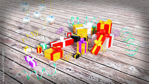 Wallpaper Mural Several Multicolored gifts with shiny ribbons and some Christmas Balls on a Wood Floor Torontodigital.ca