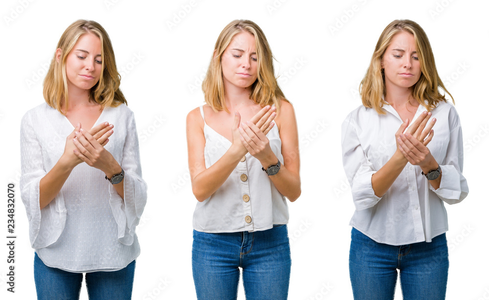 Collage of beautiful blonde woman over white isolated background Suffering pain on hands and fingers, arthritis inflammation Collage of beautiful blonde woman over white isolated background Suffering pain on hands and fingers, arthritis inflammation