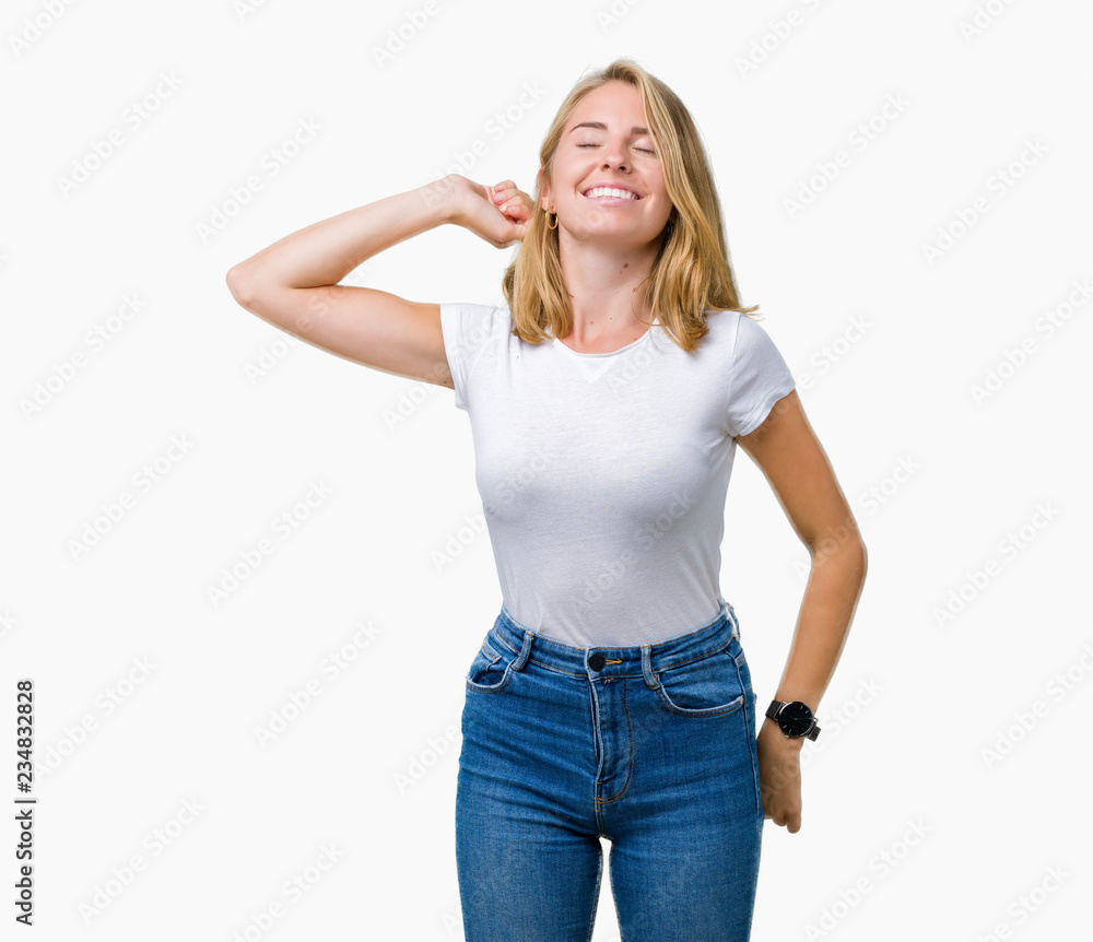 Beautiful young woman wearing casual white t-shirt over isolated background stretching back, tired and relaxed, sleepy and yawning for early morning Beautiful young woman wearing casual white t-shirt over isolated background stretching back, tired and relaxed, sleepy and yawning for early morning