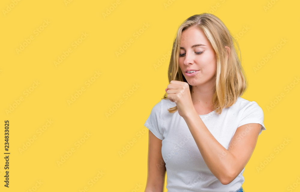 Beautiful young woman wearing casual white t-shirt over isolated background feeling unwell and coughing as symptom for cold or bronchitis. Healthcare concept. Beautiful young woman wearing casual white t-shirt over isolated background feeling unwell and coughing as symptom for cold or bronchitis. Healthcare concept.