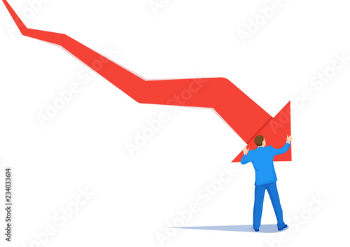 Bankrupt businessman pushed by downward arrow vector concept. Symbol of bankruptcy, failure, recession, crisis and financial losses on stock exchange market.