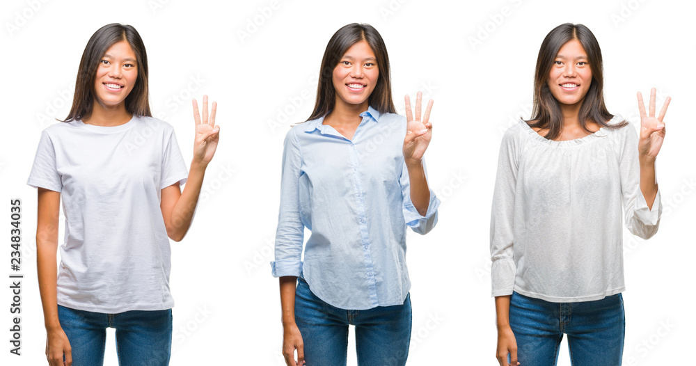 Obraz premium Collage of asian young woman standing over white isolated background showing and pointing up with fingers number three while smiling confident and happy.