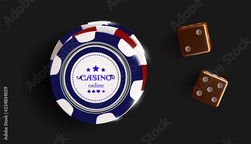Casino chips and dice isolated on black background. Casino game 3D chips. Online casino banner. Black realistic chip. Gambling concept, poker mobile app icon.