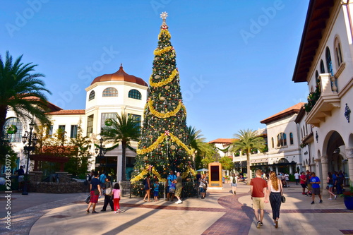 Orlando, Florida.  November 19, 2018 Decorated Christmas Tree on open mall background in Lake Buena Vista area photo