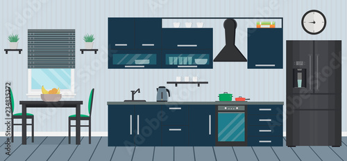 Blue kitchen with modern appliance, sink, furniture and dishes. Cooking devices. Table and chairs. Room interior. Home design. Flat vector illustration.