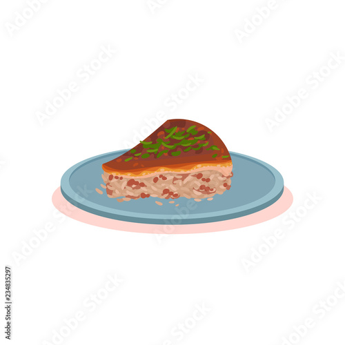 Piece of Agneshko stuffed pie, Bulgarian cuisine national food dish vector Illustration on a white background photo