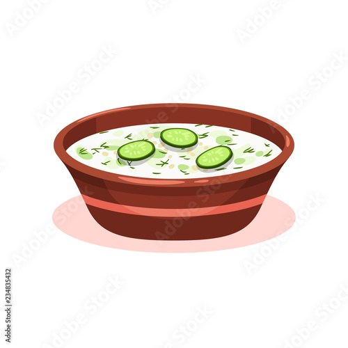 Tarator cold soup in a bowl, Bulgarian cuisine national food dish vector Illustration on a white background