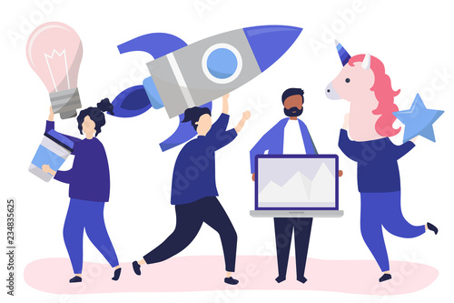 People characters holding creative business concept icons