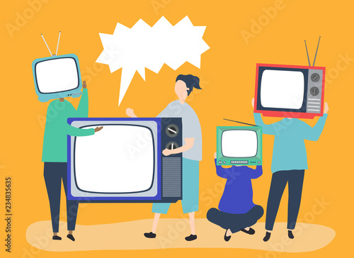 Character illustration of people with analog TV icons