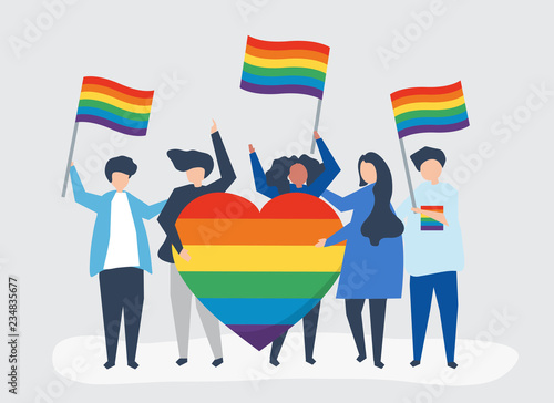 Character illustration of people holding LGBT support icons