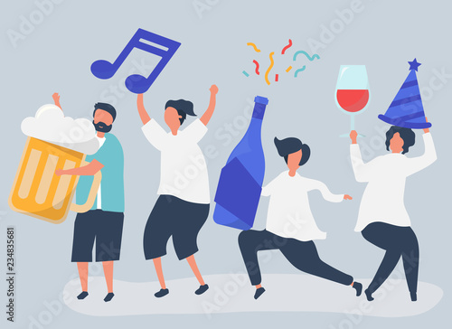 Friends partying and drinking different beverages