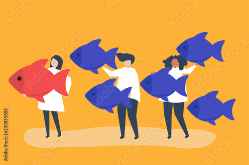People carrying fish icons in leadership concept