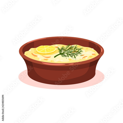 Casserole with vegetables and meat, moussaka, Bulgarian cuisine national food dish vector Illustration on a white background