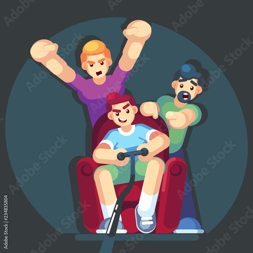 cartoon young people play video games sitting on the couch sofa. Gamepad in hands. Friends playing video games. Vector illustration. Flat design style